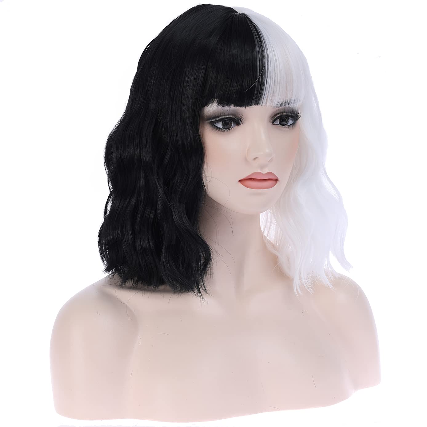 BERON Black and White Short Wigs Curly Bob Wig with Bangs Wavy Hair Wigs 14 Inches Women's Synthetic Wigs Daily Party Use