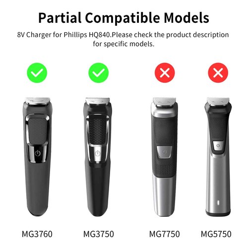 8V Charger for Philips Norelco HQ840 Multigroom Series 3000 MG3750 MG3750/50 MG3750/10 MG3750/60 MG3760 MG3760/50 Power Supply Cord