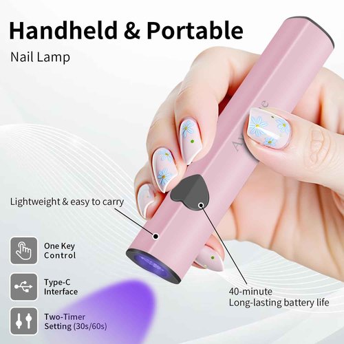 Ayshone Handheld UV Light for Gel Nails,Cordless UV LED Nail Lamp for Curing Gel Polish,Rechargeable 8X-Faster USB Nail Dryer for Fast Curing (Pink)