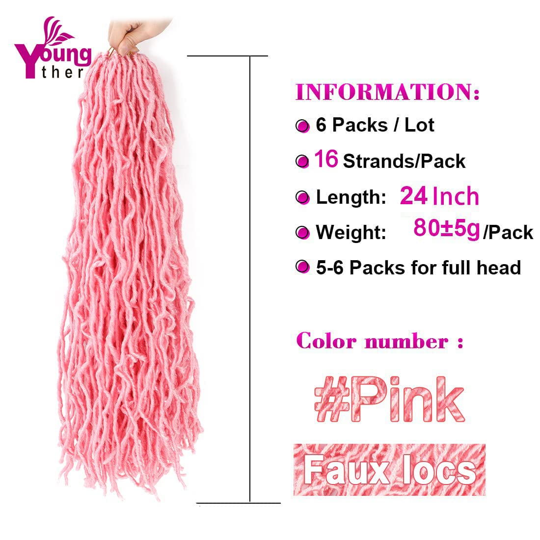 24 inch New Pink Soft Locs Crochet Hair Most Natural Pink Faux Locs Crochet Hair for Black Women Goddess Locs Synthetic Braiding Hair Extensions (24 Inch (Pack of 6), Pink)