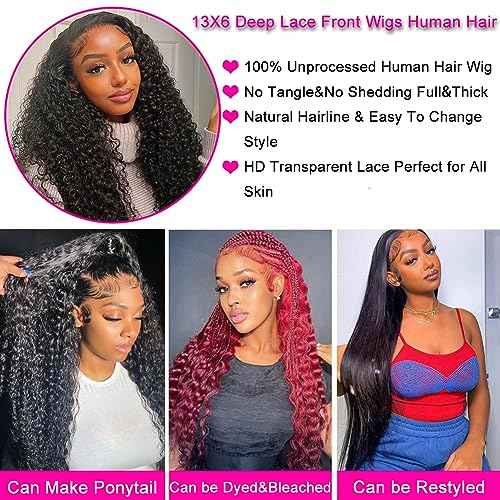 26 Inch Deep Wave 13x6 HD Transparent Lace Front Wigs Deep Curly Lace Frontal Glueless Wigs Human Hair Pre Plucked with Baby Hair Natural Hairline Wet and Wavy Wigs180% Density