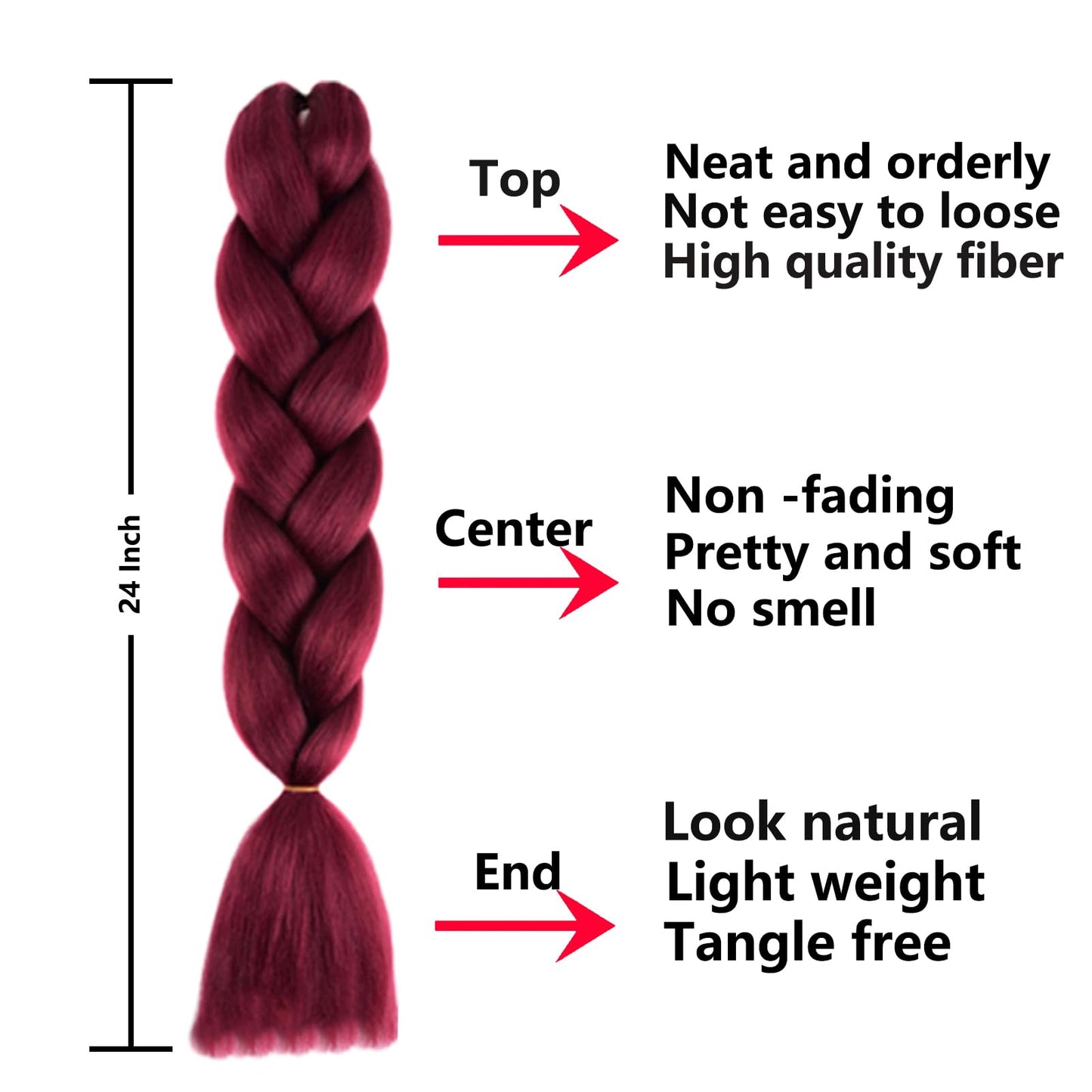 FYRLNA 6 Packs 24 Inch Jumbo Braiding Hair Soft High Temperature Resistance Synthetic Hair Extensions for Women 24 Inch Ombre Jumbo Braiding Hair Twist Crochet Braids Hair (24 Inch (Pack of 6), Wine Red)