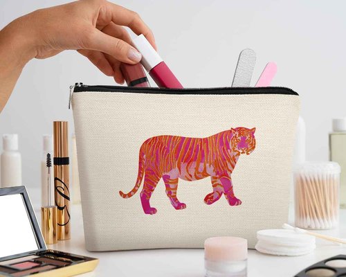 EXUQO Preppy Tiger Small Makeup Bag,Teen Girl Gifts,Pink Tiger Cosmetic Bag for Women Daughter Sister,Zipper Pouch Bag Travel Bag