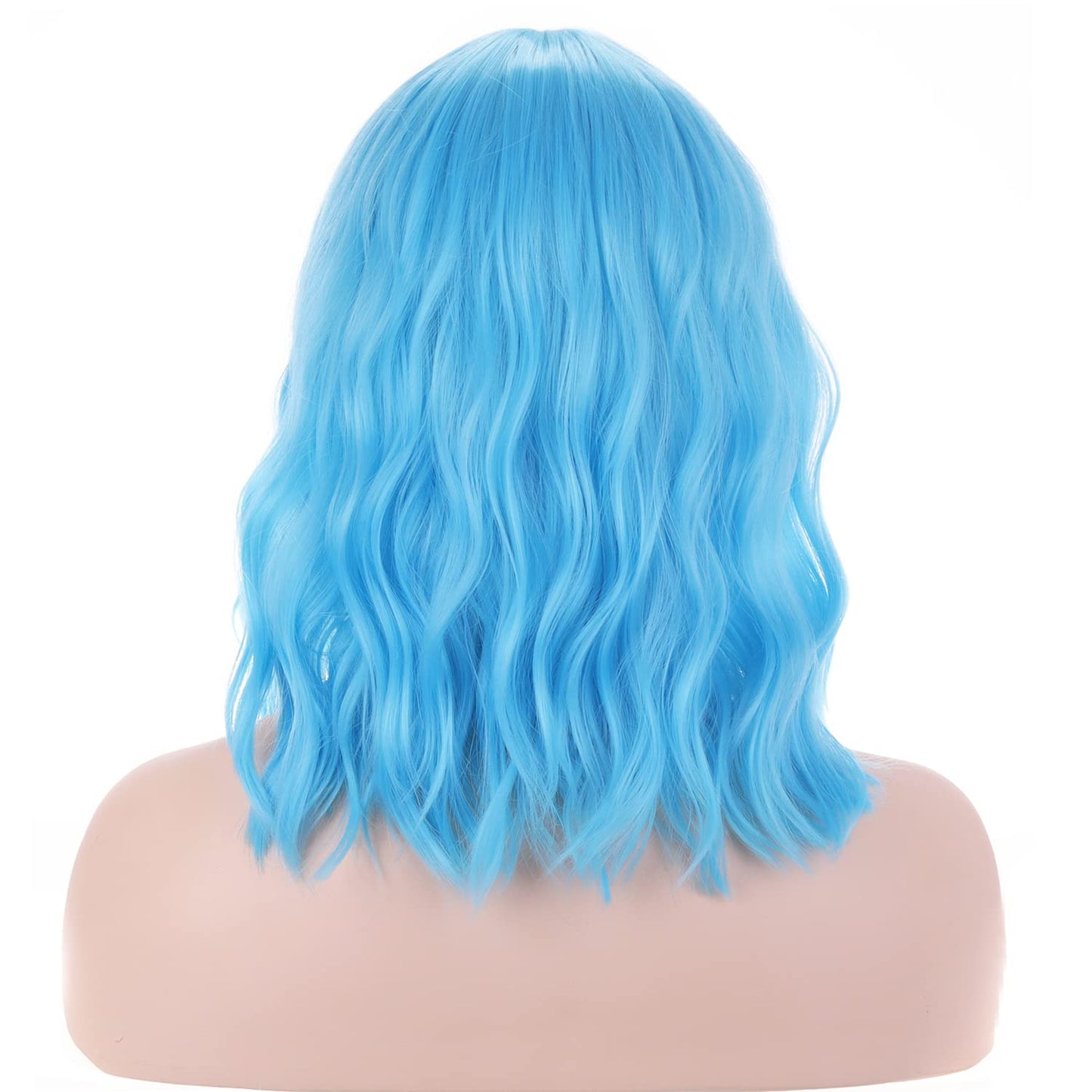 BERON 14 Inches Blue Wig Short Curly Wig with Bangs Women Girl's Charming Wig Sky Blue Wig Synthetic Wig with Wig Cap