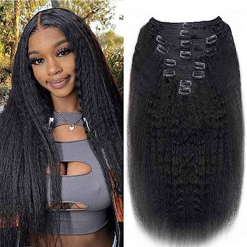 Clip in Hair Extensions Real Human Hair Natural Black Kinky Clip ins Seamless Kinky Straight Clip on Hair Extensions for Women 8pcs with 18 Clips 120g(26inch)