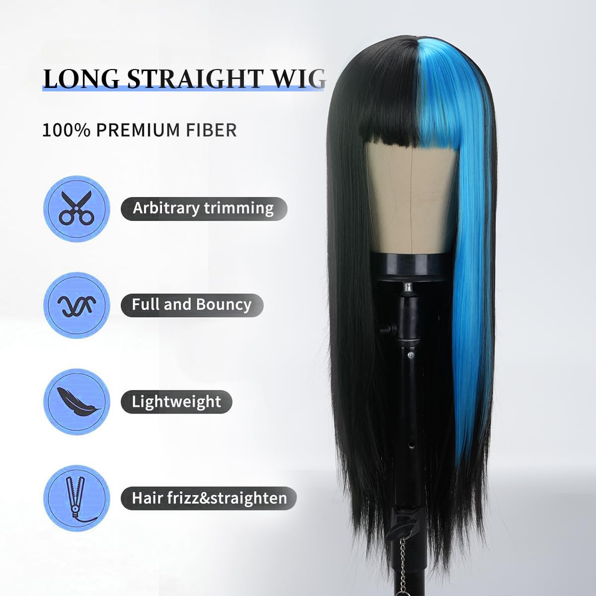 Sabosi Long Blue Black Hair Synthetic Wigs with Bangs Long Straight Hair Wig Cosplay Wig Split Color Synthetic Wigs Heat Resistant Fiber Costume Halloween Party Wigs for Women