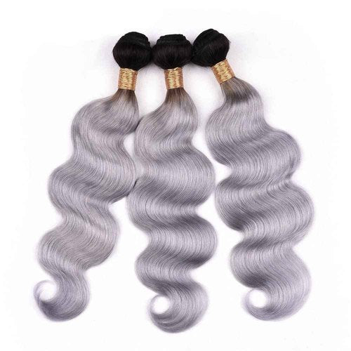 Hailookmey Human Hair Bundles 2 Tone Black To Grey Color T1B Grey Body Wave Brazilian Unprocessed Virgin Human Hair Quick Weave Extensions (12 14 16 Inch T1B/Grey Body Wave)