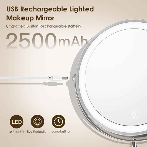 MNIENT Wall Mounted Lighted Makeup Mirror, 8" Rechargeable Double-Sided Light up Magnifying Mirror 1x/10x, 3 Colors Led Vanity Mirror with Lights, Touch Dimmable 360° Rotation Foldable