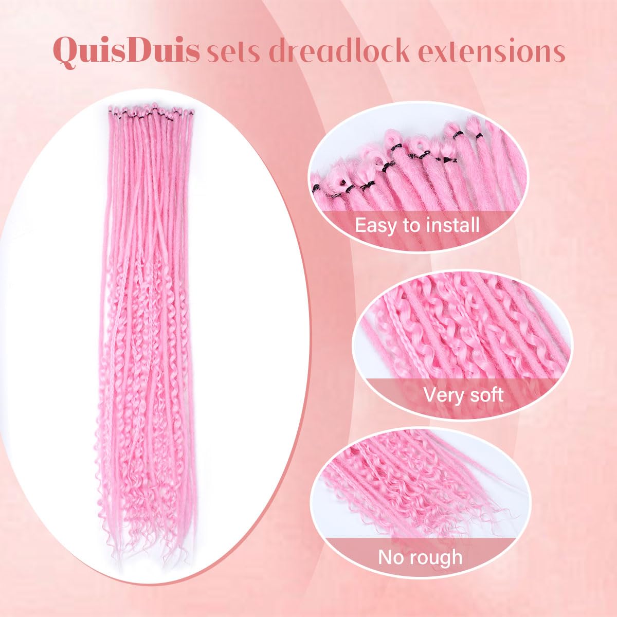 Quiduis 30 Inch 30 Strands SE Dreadlock Extensions Full Sets,3 In 1 Mixed Synthetic Dreads Extensions,Rose Pink Curly&Straight&Boho Single Ended Dreads Extensions Hippie Style Dreadlock for Women