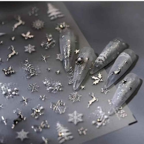 Christmas Silver Nail Stickers Snowflake Nail Art Decals 5D Embossed Self Adhesive Rhinestone with Design Christmas Tree Nail Decals for Nails Art Reindeer Nails Supplies for Women DIY Manicure