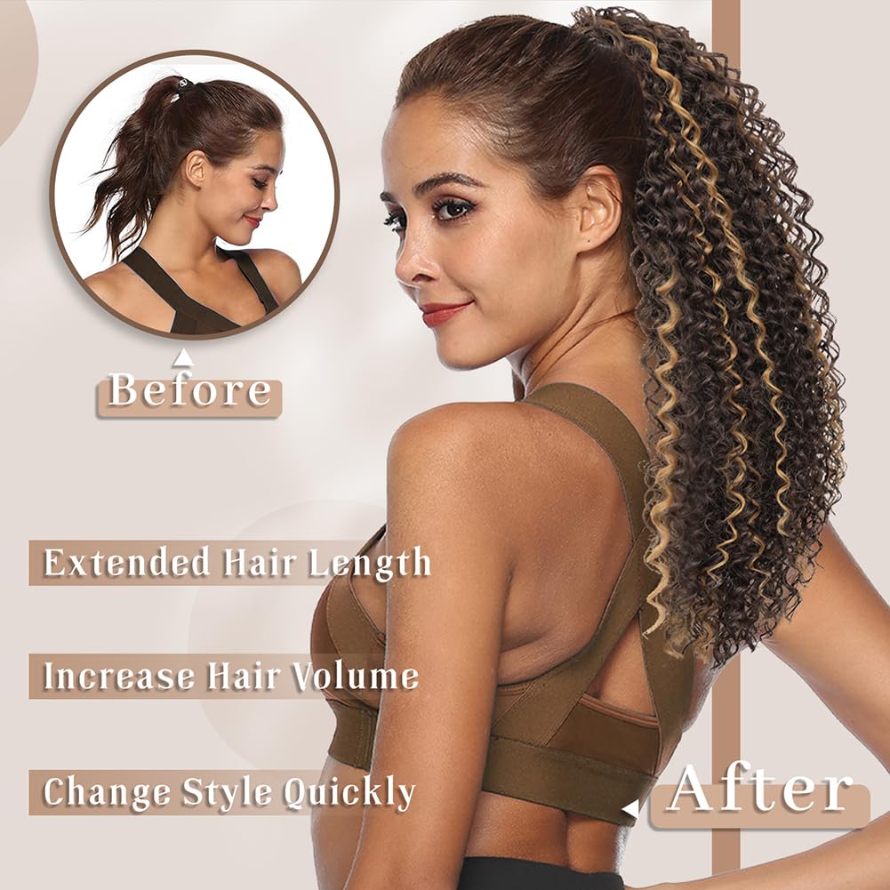 LOSMOEER Ponytail Extension 10 Inch Drawstring Ponytail Hair Extensions for Women Reddish Brown Short Kinky Curly Ponytail Fake Hairpiece Daily Party Use