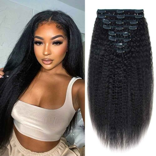 CiTake 16 Inch Yaki Straight Clip in Hair Extensions Real Human Hair for Black Women 90g/8pcs Double Weft 10A Brazilian Kinky Straight Clip ins 100% Virgin Human Hair Clip in Extensions Natural Black