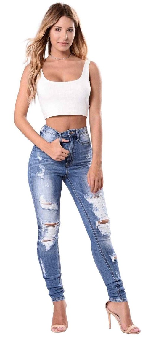 Women's High Waisted Distressed Stretch Jeans - Ripped Butt Lift Denim Pants, Light Blue, Size 2