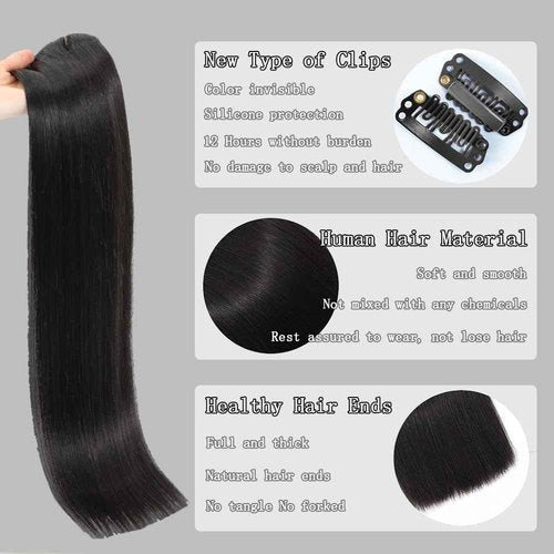 Moucyo Clip in Hair Extensions Real Human Hair 100% Brazilian Remy Human Hair Seamless Invisible clip on hair extensions for women Double Weft 7pcs 14 Inch 75g #1B Natural Black