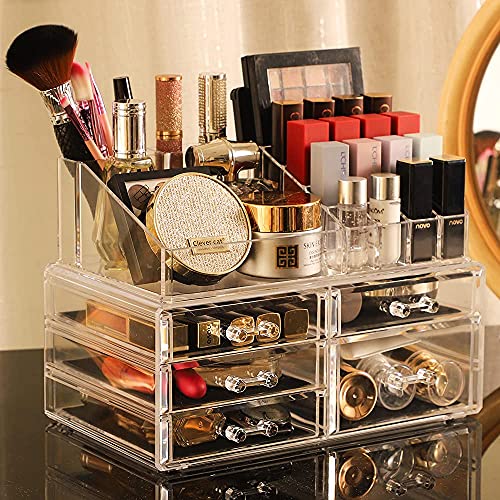 Cq acrylic 2 Pack Clear Skincare Organizer for Vanity,Stackable 5 Drawers Make Up Organizer,Cute Cosmetic Organizer for Vanity Jewelry,Hair Clip,Beauty,Skincare Product Dresser Acrylic Desk Organizer