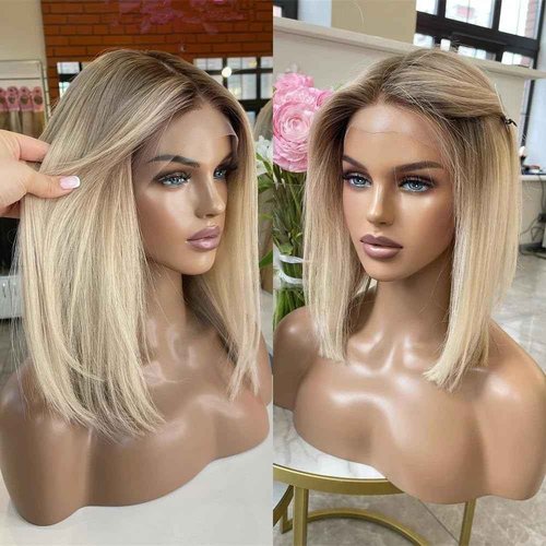 21AE Ombre Blonde Wigs for Black Women T4/613 Blonde Bob Hair Cut Dark Roots HD Transparent Lace Front Wigs with Baby Hair Pre plucked Silky Straight Japanese Synthetic Wigs