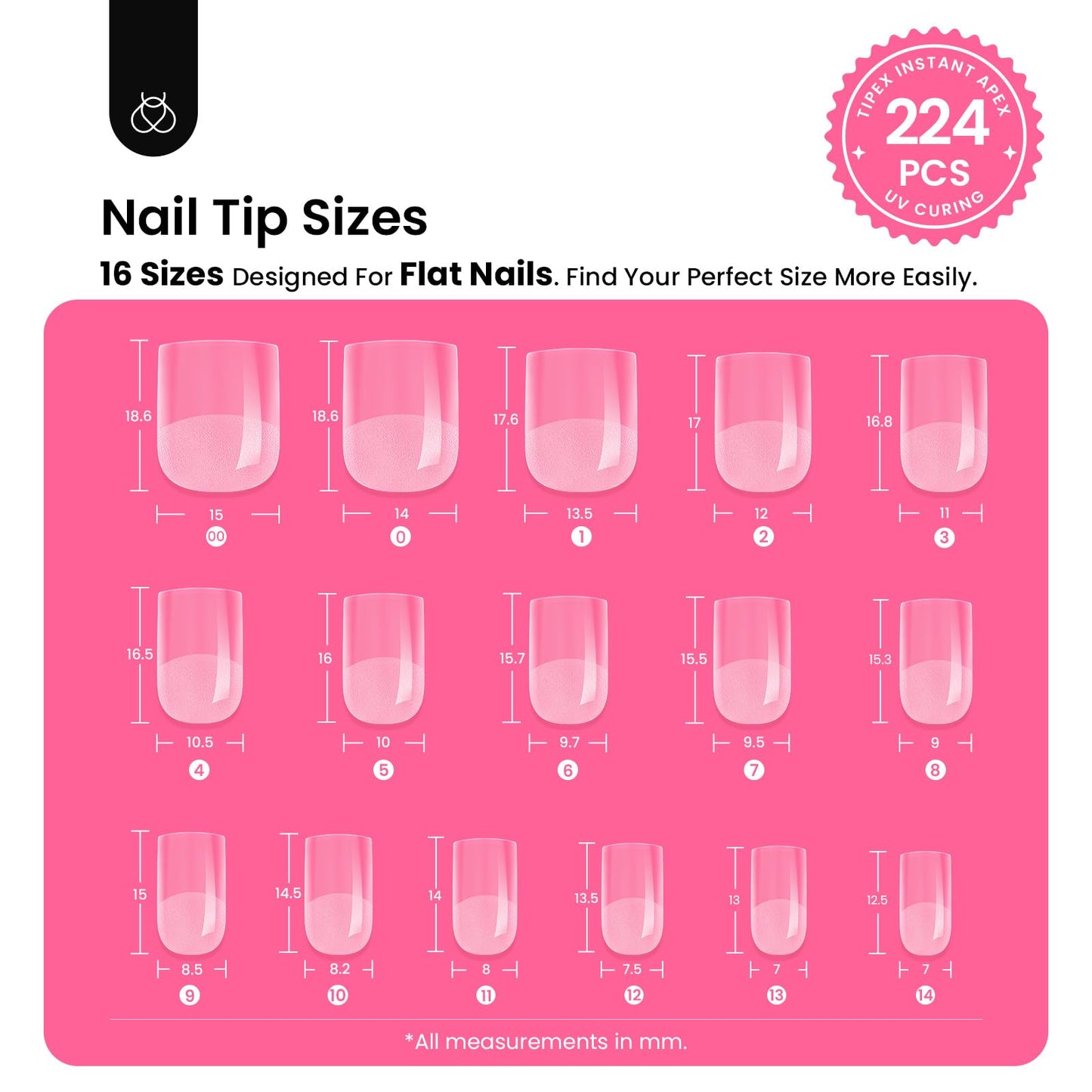 Beetles Tipex Gel Nail Kit Extra Short Square: 16 Sizes Instant Apex Nail Tips, 224 Pcs Pre-Building Square False Nail Tips with UV Nail Glue, LED Mini Nail Lamp-Thick Acrylic Nail Set for Flat Nails