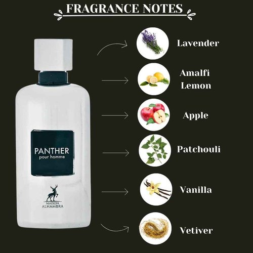 Maison Alhambra Panther Pour Homme Eau De Parfum Spray 100ML (3.4 OZ) Long Lasting Arabian Perfume For Men - Premium Perfume Men Fresh, Citrusy & Spicy Fragrance with Vanilla, Vetiver & Lavender Notes