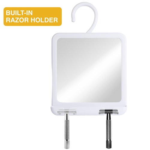 MIRRORVANA Dual Anti Fog Shower Mirror for Shaving, Shatterproof Fogless Design with Hook for Hanging - Fill Back Chamber/Reservoir with Hot Water for Fog-Free Shave - 8" x 7" (White)