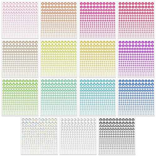 4170 Pcs 6 Sizes Self Adhesive Rhinestone Gem Stickers for Hair Face Body Makeup, Bling Stick on Jewels for DIY Craft, Card Decorations, 15 Colors