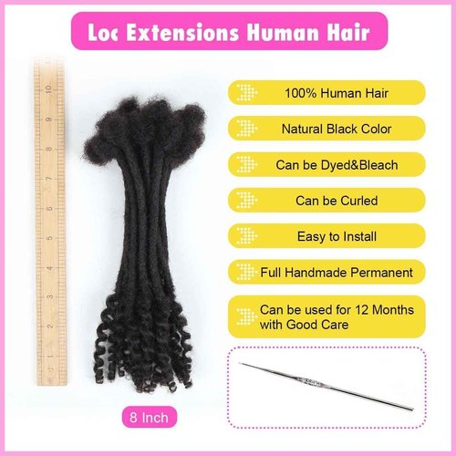 100% Real Human Hair 0.4cm Width 8-12 Inch Loc extensions Human Hair with Curly Ends 30 Strands per pack Full Handmade Dreadlock Extensions Can be dyed (Natural Black Color, 8 Inch-30 Strands)