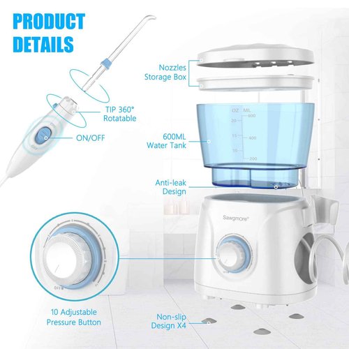 Sawgmore Water Flosser Oral Irrigator, 600 ml Large Capacity, 10 Adjustable Pressures, Electric Flosser for Teeth/Braces, 8 Home Nozzles Oral Irrigator(White)