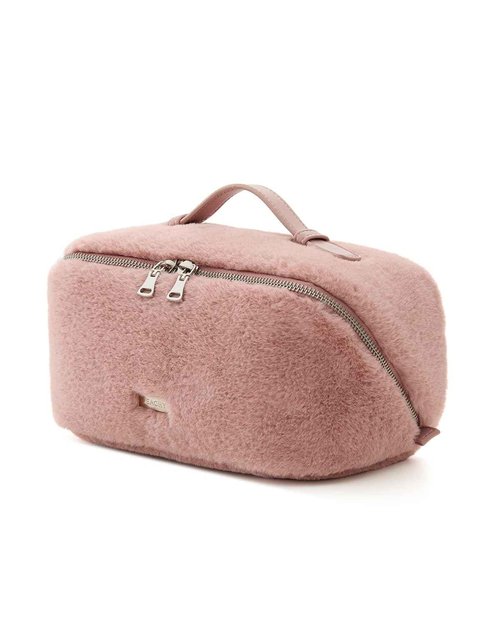 EACHY Travel Makeup Bag,Cute Faux Fur Cosmetic Bag for Women,Portable 180°Wide-Open Flat Toiletry Bag,Large Capacity Makeup Pouch Make up Organizer with Divider and Handle
