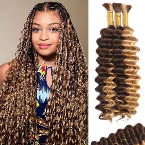 Human Braiding Hair for Boho Braids Human Hair Highlight No Weft Hair Extensions for Braiding Knotless 12A Deep Wave Bulk for Brazilian Virgin Ombre Balayage 3 Bundle£¨20Inch 120g£©