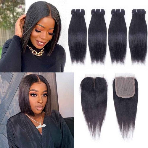 Brazilian Straight Hair Bundles with Closure(10 10 10 10+10) Straight Human 4 Bundles with Closure 10A Unprocessed Short Bob Virgin Hair 50g/bundle