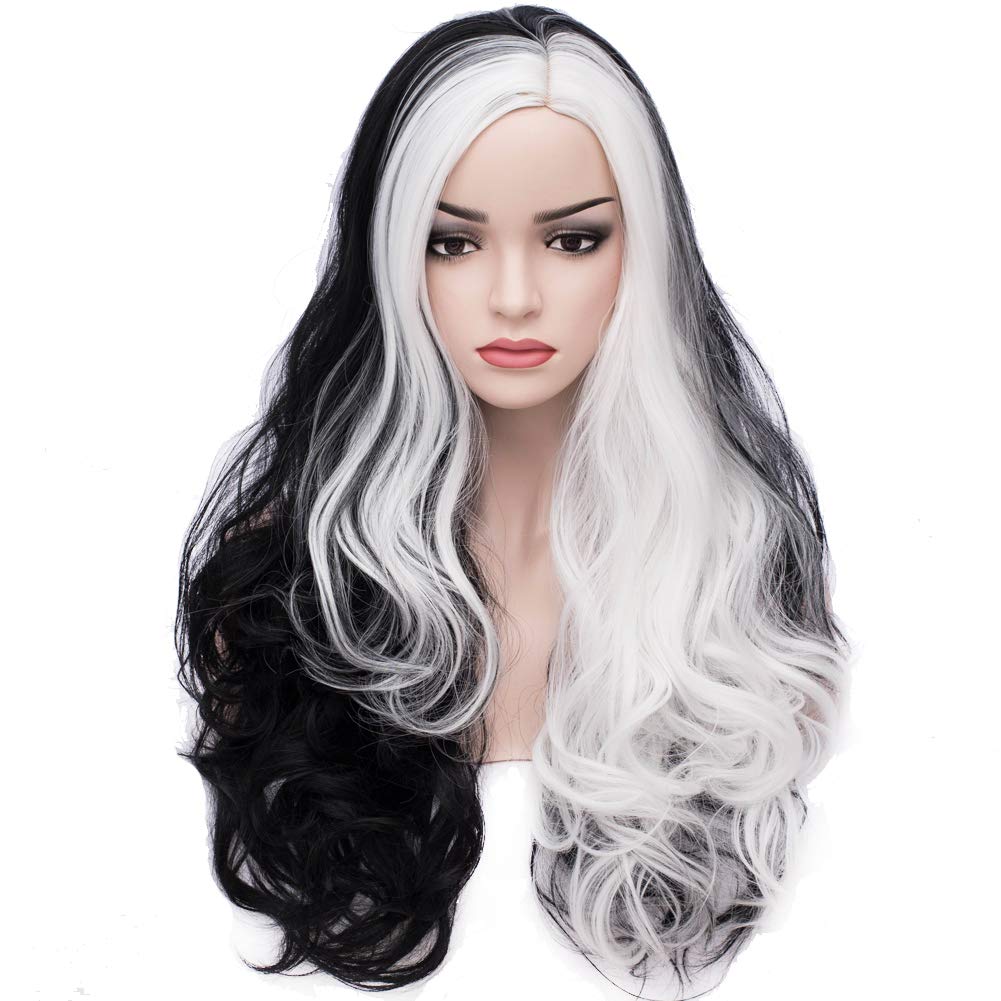 BERON 27 Inches Black White Wig Two Tone Wig Long Curly Wig Women Girls Charming Full Wig Long Wavy Wig Black White Split Wig for Cosplay Party Wig Cap Included