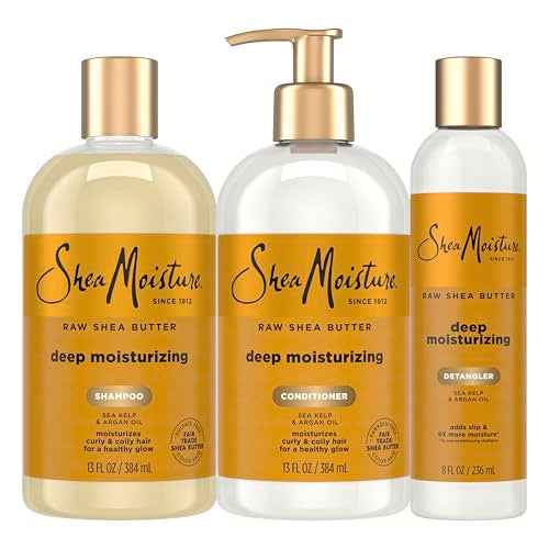 SheaMoisture Deep Moisturizing Hair Care 3 Count Raw Shea Butter For Curly, Dry and Damaged Hair Sulfate Free Shampoo and Conditioner, Hair Detangler with Sea Kelp and Argan Oil