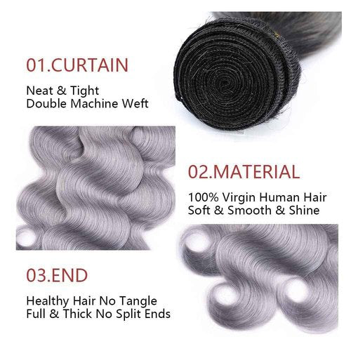 Hailookmey Human Hair Bundles 2 Tone Black To Grey Color T1B Grey Body Wave Brazilian Unprocessed Virgin Human Hair Quick Weave Extensions (12 14 16 Inch T1B/Grey Body Wave)