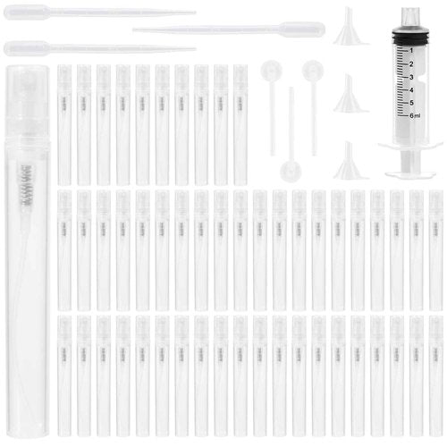 Cotchen 50Pcs Mini Spray Bottle 5ml, Small Travel Perfume Bottle Refillable with 10 Tools, Clear Plastic Small Atomizer Empty, Fine Mist Perfume Sample Spray Bottle for Travel Essential Oil Perfumes