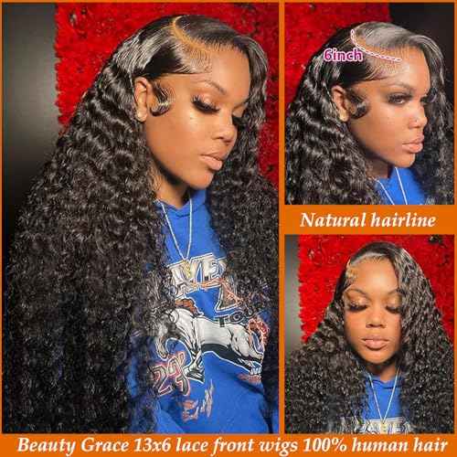 BeautyGrace 13X6 Deep Wave Lace Front Wigs Human Hair 30In (100% Human Hair) Brazilian Virgin 180% Density Deep Wave Frontal Wigs Human Hair Natural Color(13x6, 30inch)