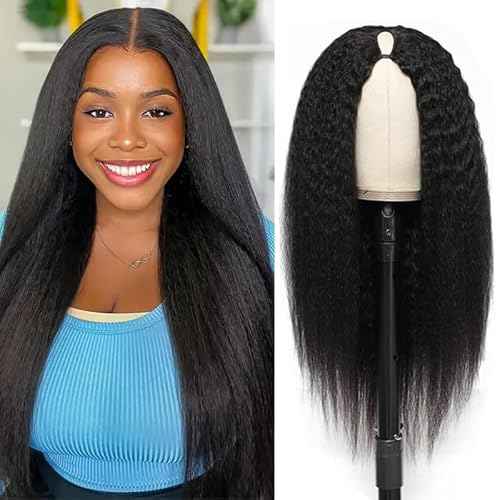 V Part Wigs Human Hair Kinky Straight Human Hair Wig Upgrade U Part Human Hair Wig for Black Women V Part Half Wigs Glueless Wear and Go No Leave Out No Sew In 180% Density Natural Color 20 inch