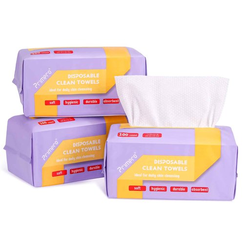 Primpro 300 Count Disposable Face Towels Ultra Soft Hand Washcloth Lint-Free Dry Wipes Biodegradable Facial Cleansing Towelettes (100 Count 3 Pack)