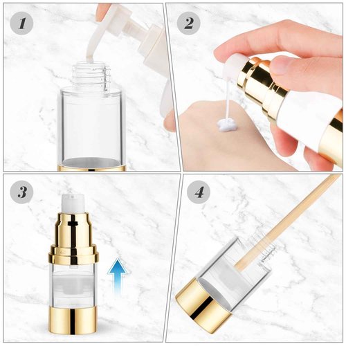 BOSMIOW 4Pcs 15ml/0.5oz Clear Plastic Airless Pump Bottles with Gold Head Empty Refillable Vacuum Cosmetics Sample Storage Jars for Lotion,Shampoo,Hand Soap,Face Cream