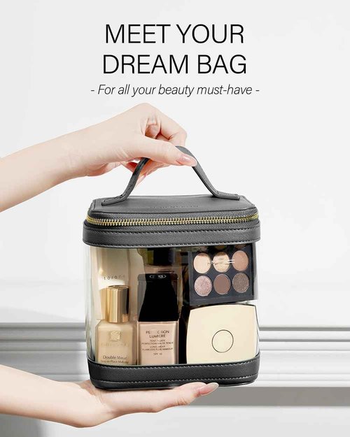 ROWNYEON Large CLear Travel Makeup Bag for Women，Transparent Cosmetic Bag with Handle，Portable Makeup Case Organizer，Waterproof Toiletry Organizer Train Case, Black