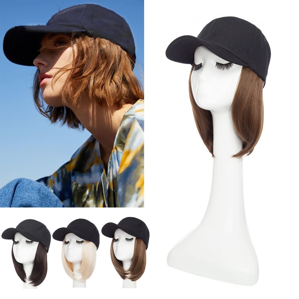 S-noilite 6" Baseball Hats with Hair Attached Short Bob Hairstyle Baseball Cap Wig with Hair Extensions Adjustable Straight Baseball Hat Bob Hair Wig for Women(6in, 10P22T#)