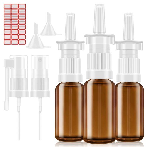 YAKESD Nasal Spray Bottle, 3 Pcs 30ML/1oz Glass Amber Refillable Fine Mist Sprayers Atomizers, Small Empty Nasal Sprayer with Oils Spray Tops, Oral/Swivel Sprayers, Funnels and Labels