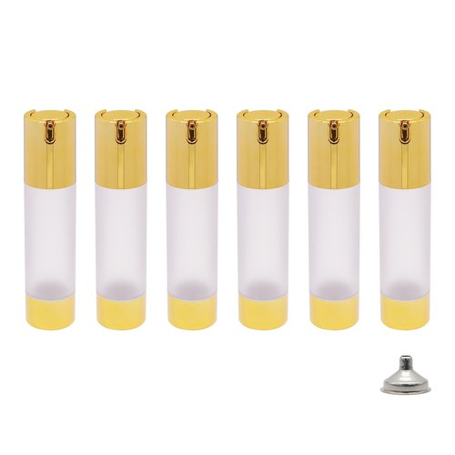 AJLTPA 6Pcs 1.7oz 50ml Frosted Transparent Airless Pump Bottles with Funnel, Travel Size Vacuum Dispenser Refillable Cosmetic Containers For Foundations, Cream, Serums, Shampoo, Lotion(Gold)