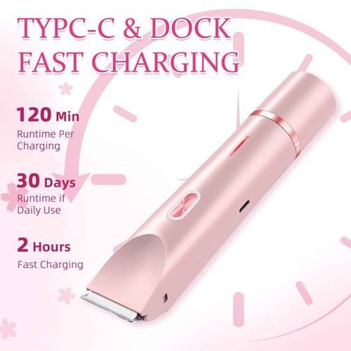 CAFSOB Bikini Trimmer for Women, 2 in 1 Electric Razors for Women, Dermave Bikini Shaver, IPX7 Waterproof & Easy Cleaning, Ceramic Blade, 120 Min Cordless Runtime, Ultra Low Silent (Pink).