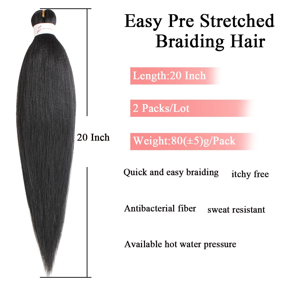 Leeven 2 Packs Pre-stretched 20 Inch Braiding Hair Extensions Yaki Texture Professional Crochet Braids Hair Hot Water Setting Synthetic Hair For Crochet Twist Braids(1BSILVER#)