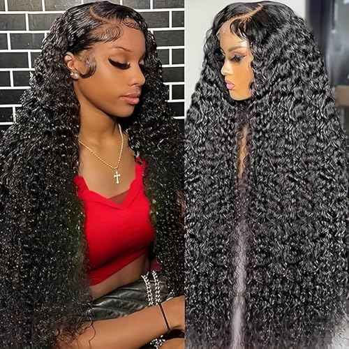 13x6 Deep Wave Lace Front Wigs Human Hair 200% Density HD Lace Frontal Wigs Glueless Curly Wigs Human Hair Pre Plucked with Baby Hair Wet And Wavy Wigs for Black Women 26 inch