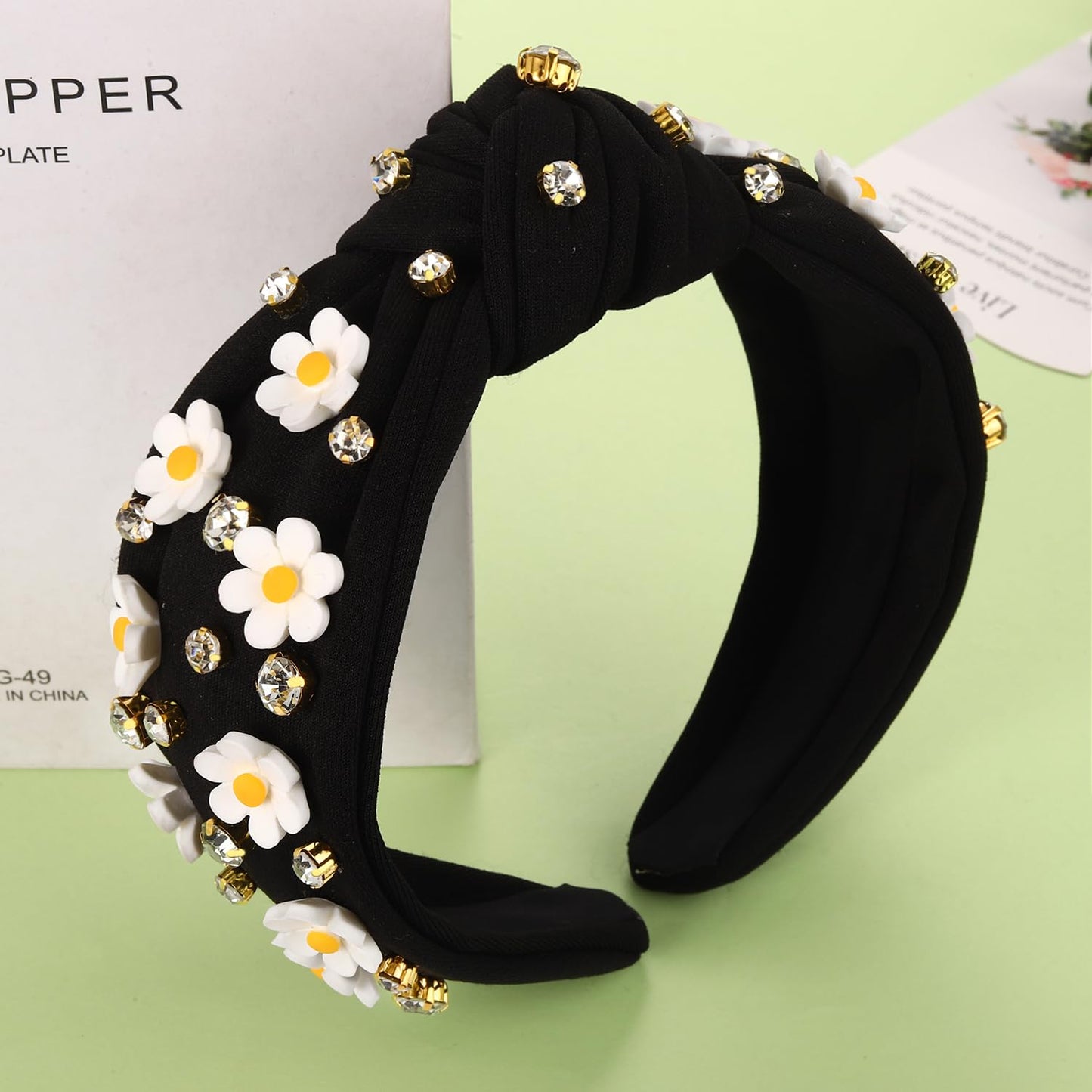 NVENF Flower Headbands for Women Spring Summer Floral Knotted Headbands Crystal Rhinestone White Pink Wide Top Knot Headband Beach Summer Hair Accessories Outfits Gifts (Flower B - Black)