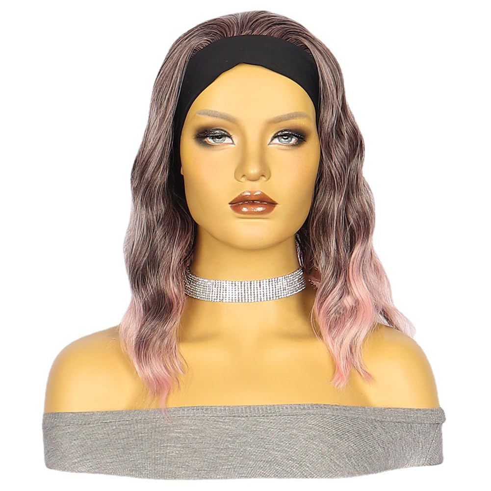 Gusif Short Wavy Bob Headband Wig Ombre Pink Headband Wigs for Black Women Natural Hairline Bob Wig Glueless Shoulder Length Synthetic Wig (Ombre Pink)