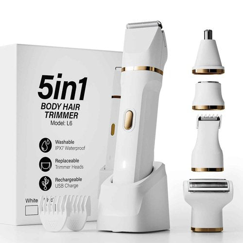 Electric Razors for Women, 5-in-1 Wet/Dry Bikini Trimmer with USB Charge Dock, Deluxe Facial Hair Removal, Wet/Dry Body Shaver for Nose Eyebrows Beard Underarm Leg Arm, IPX7 Waterproof (White)