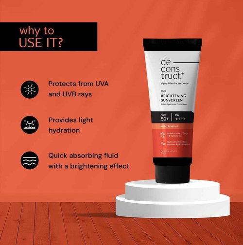 Deconstruct Dry Brightening Fluid Sunscreen SPF 50+ with Niacinamide | Lightweight, Hydrating & Dewy | UVA/UVB Protection | 8-Hour Wear, Water-Resistant, No White Cast | 50g | Pack of 2