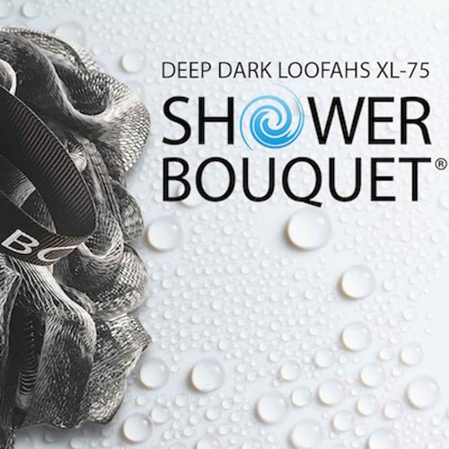 SHOWER BOUQUET Charcoal-Loofah XL 4-Pack & Japanese-Exfoliating-Washcloth 2-Pack for Back & Body // 4 Extra Large Bath Sponges Plus Silver Ion Infused Exfoliating Towel with Handles, 2 Charcoal White