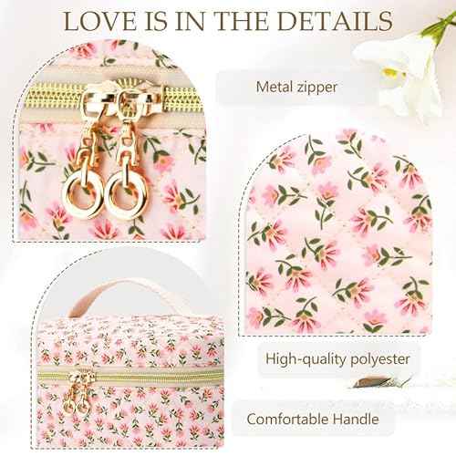 3 PCS Travel Makeup Bag Set,A-Z Initials Cotton Make up Bag Floral Quilted Cosmetic Bag for Girls and Women,Personalized Christmas Gifts,Cute Toiletry Travel Accessories Brushes Bags-L